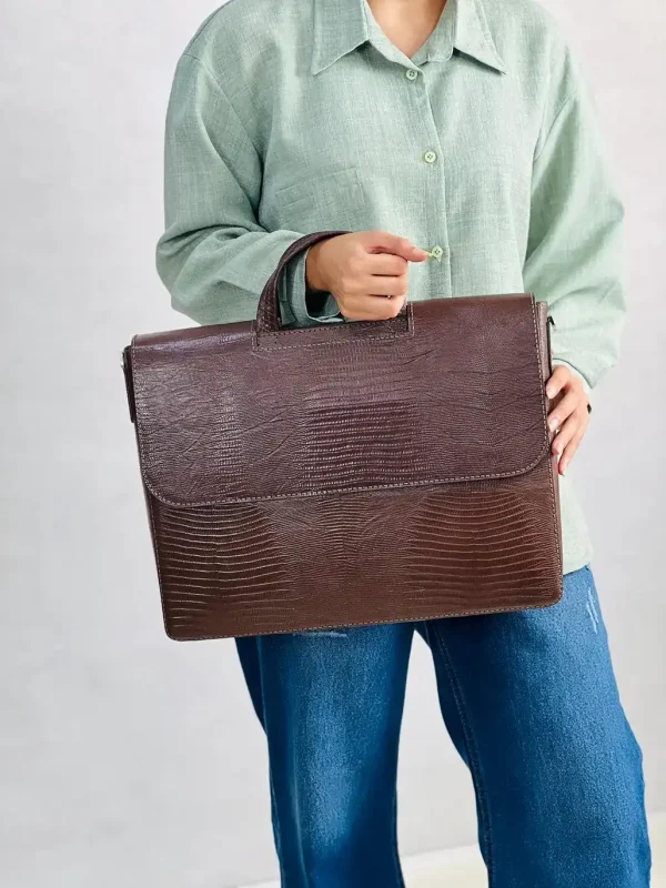 کیف اداری چرم طبیعی مدل البرتو بزرگ قهوه ای لیزارد